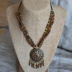 Antique Brasstone Boho Multi Strand Beaded Statement Necklace